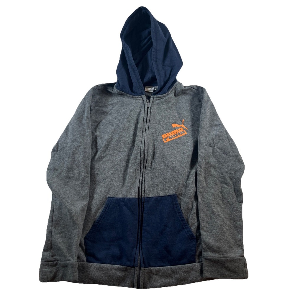 PUMA Full Zip Jacket‎ Hoodie Youth Boys Gray Navy Logo Large 14/16